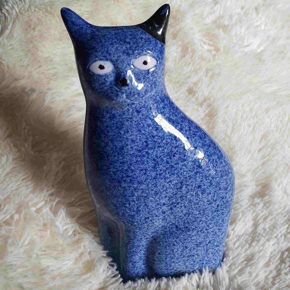 VINTAGE Enesco Ceramic blue &white spongeware Cat - Picture 1 of 9